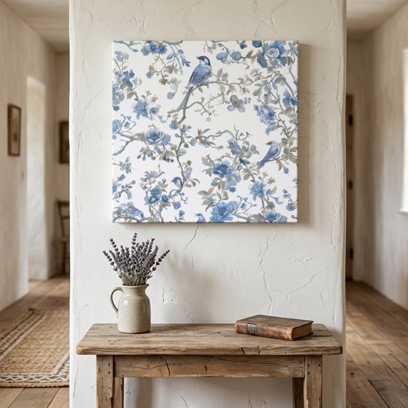 Ships Next Day Canvas Wall Art 12"x12", Blue Floral Birds Wood Framed Canvas Print Painting, Farmhouse Flowers Pastoral Ready to Hang Small Picture Wall Decor for Home Kitchen Dining Room Office
