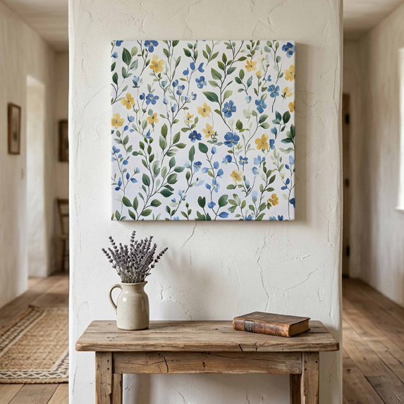 Ships Next Day Canvas Wall Art 12"x12",Blue Yellow Floral Spring Wood Framed Canvas Print Painting,Summer Pastoral Botanical Green Ready to Hang Picture Wall Decor for Kitchen Dining Room Office