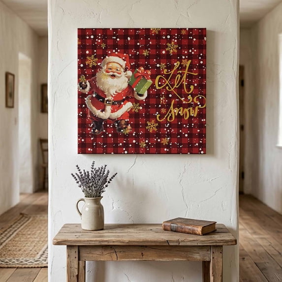 Ships Next Day Canvas Wall Art 12"x12",Christmas Santa Wood Framed Canvas Print Painting,Red Black Plaid Xmas Winter Snowflake Ready to Hang Small Picture Wall Decor for Kitchen Dining Room Office