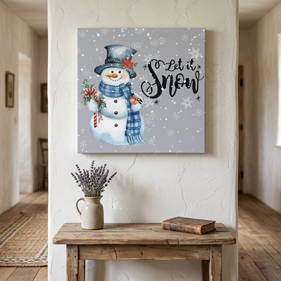 Ships Next Day Canvas Wall Art 12"x12", Christmas Wood Framed Canvas Print Painting, Grey Snowman Xmas Winter Snowflake Ready to Hang Small Picture Wall Decor for Home Kitchen Dining Room Office