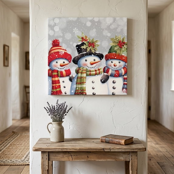 Ships Next Day Canvas Wall Art 12"x12", Christmas Wood Framed Canvas Print Painting, Xmas Berry Winer Snowflake Snowman Grey Ready to Hang Small Picture Wall Decor for Home Kitchen Dining Room Office