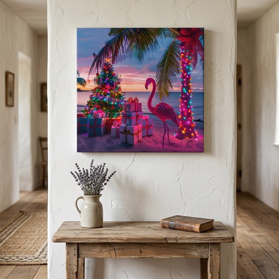 Ships Next Day Canvas Wall Art 12"x12", Coastal Christmas Wood Framed Canvas Print Painting, Flamingo Xmas Palm Tree Beach Ready to Hang Small Picture Wall Decor for Home Kitchen Dining Room Office