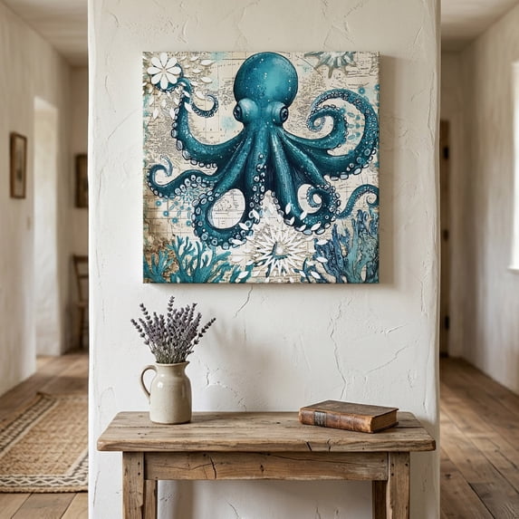 Ships Next Day Canvas Wall Art 12"x12", Coastal Octopus Wood Framed Canvas Print Painting, Vintage Beach Teal Coral Nautical Ready to Hang Small Picture Wall Decor for Home Kitchen Dining Room Office