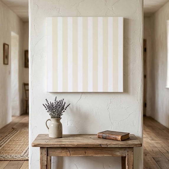 Ships Next Day Canvas Wall Art 12"x12",Cream Striped Wood Framed Canvas Print Painting,Modern Farmhouse Cream White Stripes Ready to Hang Small Picture Wall Decor for Home Kitchen Dining Room Office