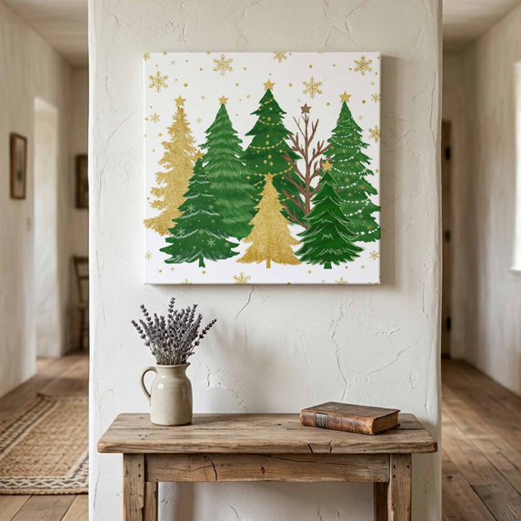 Ships Next Day Canvas Wall Art 12"x12",Green Christmas Tree Wood Framed Canvas Print Painting,Golden Xmas Tree Winter Snowflake Ready to Hang Small Picture Wall Decor for Kitchen Dining Room Office