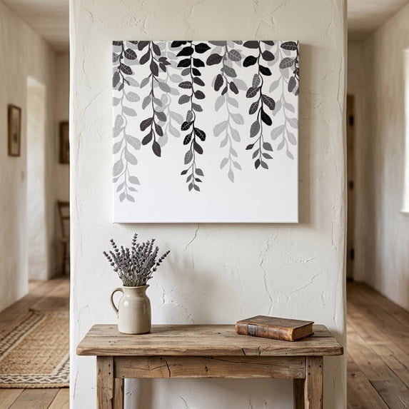 Ships Next Day Canvas Wall Art 12"x12",Grey Ombre Botanical Wood Framed Canvas Print Painting,Watercolor Gray Pastoral Leaf Ready to Hang Small Picture Wall Decor for Home Kitchen Dining Room Office