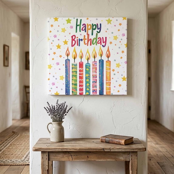 Ships Next Day Canvas Wall Art 12"x12", Happy Birthday Wood Framed Canvas Print Painting, Colorful Star Funny Celebration Ready to Hang Small Picture Wall Decor for Home Kitchen Dining Room Office