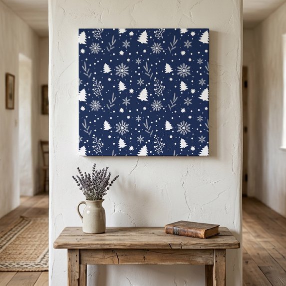 Ships Next Day Canvas Wall Art 12"x12",Navy Blue Christmas Wood Framed Canvas Print Painting,Xmas Trees Snowflake Winter Botanical Ready to Hang Picture Wall Decor for Kitchen Dining Room Office