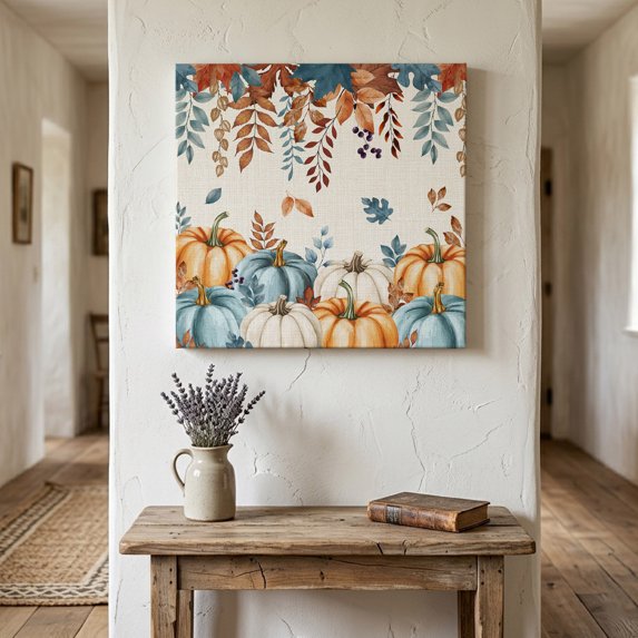 Ships Next Day Canvas Wall Art 12"x12",Orange Blue Fall Wood Framed Canvas Print Painting,Thanksgiving Pumpkins Harvest Botanical Rustic Ready to Hang Picture Wall Decor for Kitchen Dining Room