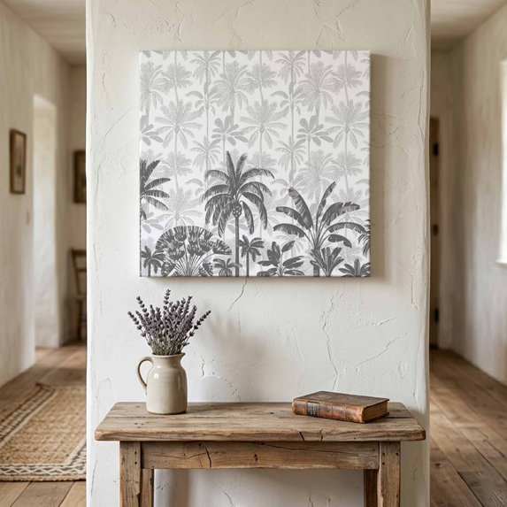 Ships Next Day Canvas Wall Art 12"x12",Palm Trees Wood Framed Canvas Print Painting,Black Grey Tropical Plants Summer Forest Ready to Hang Small Picture Wall Decor for Home Kitchen Dining Room Office