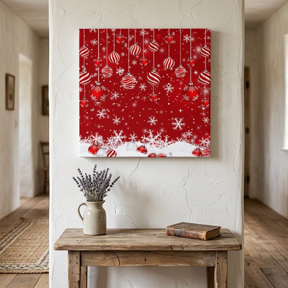 Ships Next Day Canvas Wall Art 12"x12", Red Balls Christmas Wood Framed Canvas Print Painting, Christmas Ball Snowflake Xmas Ready to Hang Small Picture Wall Decor for Home Kitchen Dining Room Office