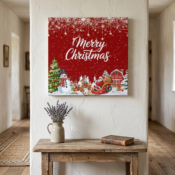 Ships Next Day Canvas Wall Art 12"x12",Red Christmas Wood Framed Canvas Print Painting,Santa Snowman Snowflake Elk Xmas Tree Winter Ready to Hang Picture Wall Decor for Kitchen Dining Room Office