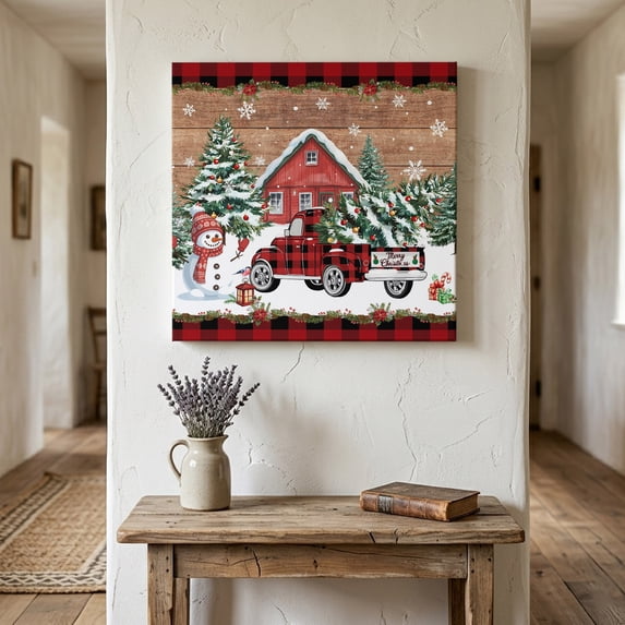 Ships Next Day Canvas Wall Art 12"x12",Red Plaid Christmas Wood Framed Canvas Print Painting,Snowman Truck Xmas Tree Snowflake Wooden Ready to Hang Picture Wall Decor for Kitchen Dining Room Office
