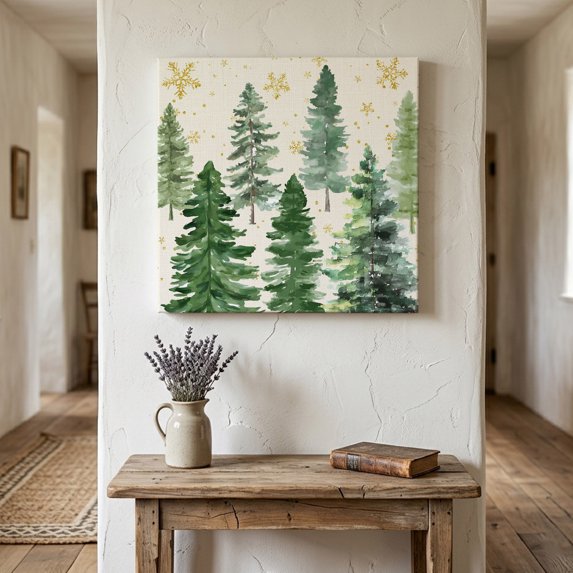 Ships Next Day Canvas Wall Art 12"x12",Rustic Christmas Tree Wood Framed Canvas Print Painting,Winter Watercolor Gold Snowflakes Ready to Hang Small Picture Wall Decor for Kitchen Dining Room Office