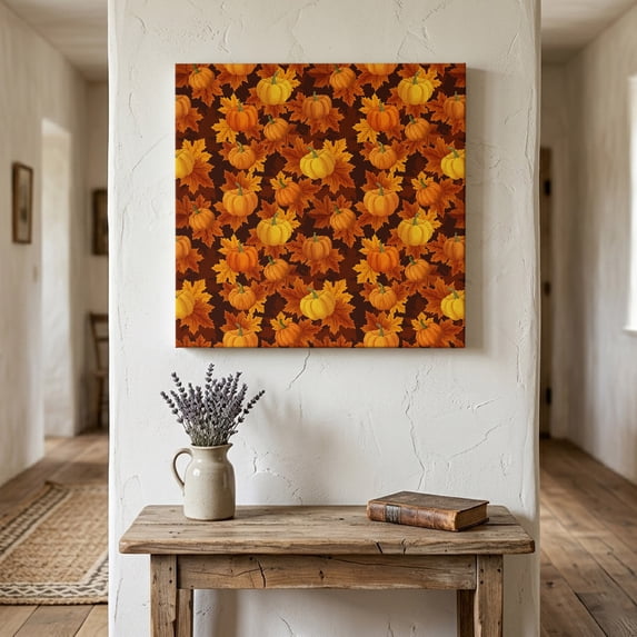 Ships Next Day Canvas Wall Art 12"x12",Thanksgiving Pumpkin Wood Framed Canvas Print Painting,Autumn Maple Leaf Orange Fall Ready to Hang Small Picture Wall Decor for Home Kitchen Dining Room Office