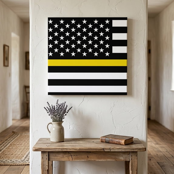 Ships Next Day Canvas Wall Art 12"x12", Thin Yellow White Line Wood Framed Canvas Print Painting, American Flag Star Ready to Hang Small Picture Wall Decor for Home Kitchen Dining Room Office
