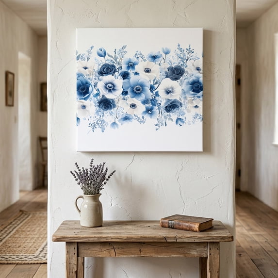 Ships Next Day Canvas Wall Art 12"x12",White Blue Flower Wood Framed Canvas Print Painting,Vintage Pastoral Floral Petals Spring Ready to Hang Small Picture Wall Decor for Kitchen Dining Room Office