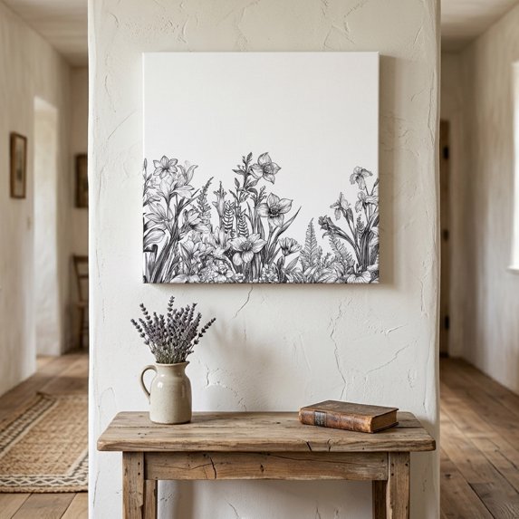 Ships Next Day Canvas Wall Art 12"x12",Wildflower Leaf Wood Framed Canvas Print Painting,Grey Floral Botanical White Watercolor Ready to Hang Small Picture Wall Decor for Kitchen Dining Room Office