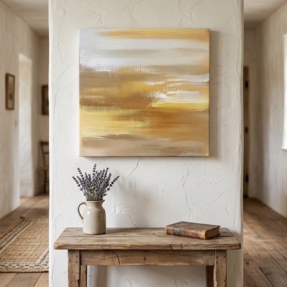 Ships Next Day Canvas Wall Art 12"x12", Yellow Beige Wood Framed Canvas Print Painting, Modern Oil Painting Abstract Art Ready to Hang Small Picture Wall Decor for Home Kitchen Dining Room Office