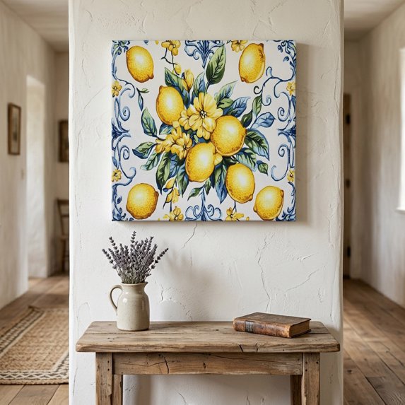 Ships Next Day Canvas Wall Art 12"x12", Yellow Lemon Wood Framed Canvas Print Painting, Middle Century Blue Italian Textured Ready to Hang Small Picture Wall Decor for Home Kitchen Dining Room Office