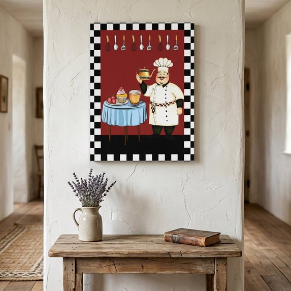 Ships Next Day Canvas Wall Art 12"x16",Chef Wood Framed Canvas Print Painting,Cartoon Red Food Cooking Black White Buffalo Check Ready to Hang Picture Wall Decor for Bathroom Hallway Dining Room