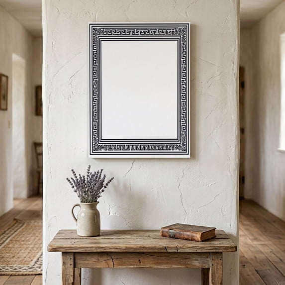 Ships Next Day Canvas Wall Art 12"x16",White Greek Key Wood Framed Canvas Print Painting,Geometric Greece Ancient Farmhouse Geo Ready to Hang Small Picture Wall Decor for Bathroom Hallway Dining Room