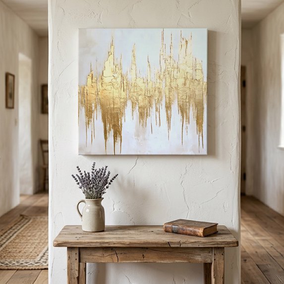 Ships Next Day Canvas Wall Art 16"x16", Abstract Gold Wood Framed Canvas Print Painting, Modern Minimalist Art White Gray Ripple Ready to Hang Picture Wall Decor for Home Bedroom Kitchen Office