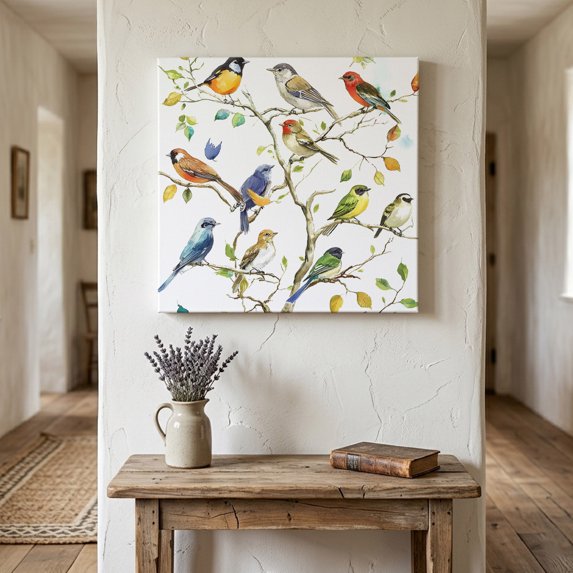 Ships Next Day Canvas Wall Art 16"x16", Bird Leaf Wood Framed Canvas Print Painting, Spring Summer Tree Branch Farmhouse Retro Ready to Hang Picture Wall Decor for Home Bedroom Kitchen Office