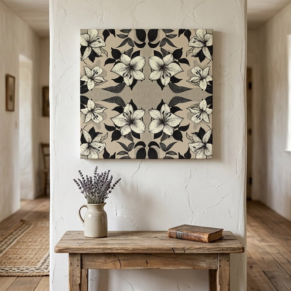 Ships Next Day Canvas Wall Art 16"x16", Black Floral Wood Framed Canvas Print Painting, Vintage Khaki Floral Retrp Plant Leaf Ready to Hang Picture Wall Decor for Home Bedroom Kitchen Office