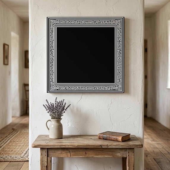 Ships Next Day Canvas Wall Art 16"x16", Black Geometric Wood Framed Canvas Print Painting, Country Farm Traditional Chinese Tile Ready to Hang Picture Wall Decor for Home Bedroom Kitchen Office