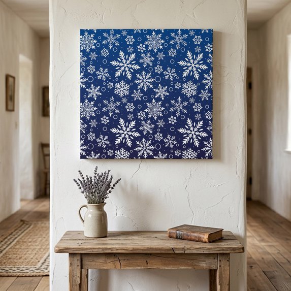 Ships Next Day Canvas Wall Art 16"x16", Blue Christmas Wood Framed Canvas Print Painting, Xmas Snowflake White Ready to Hang Picture Wall Decor for Home Bedroom Kitchen Office