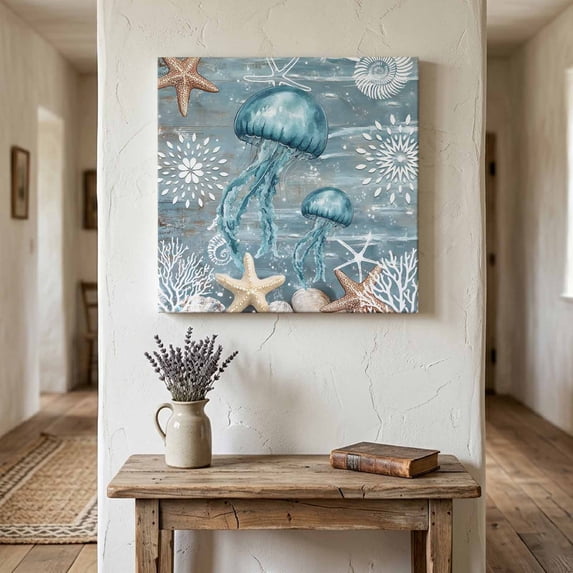Ships Next Day Canvas Wall Art 16"x16", Blue Jellyfish Coastal Wood Framed Canvas Print Painting, Summer Beach Nautical Starfish Coral Ready to Hang Picture Wall Decor for Home Bedroom Kitchen Office