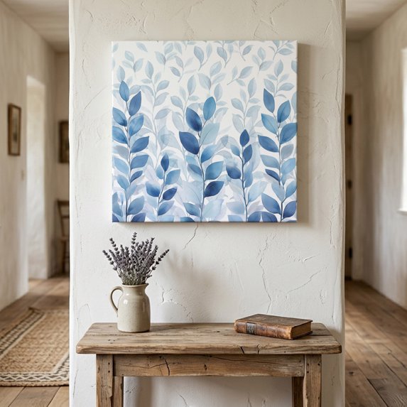 Ships Next Day Canvas Wall Art 16"x16", Blue Leaf Wood Framed Canvas Print Painting, Watercolor Country Plant Monochrome Branch Ready to Hang Picture Wall Decor for Home Bedroom Kitchen Office