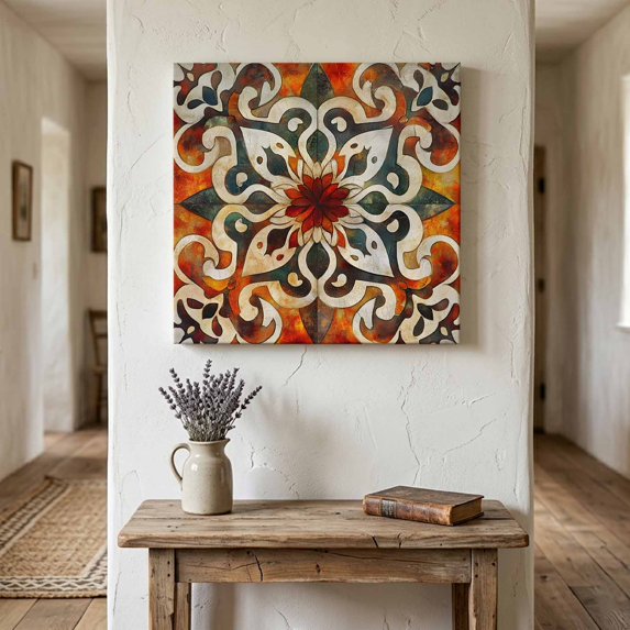 Ships Next Day Canvas Wall Art 16"x16", Burnt Orange Green Wood Framed Canvas Print Painting, Vintage Abstract Flowers Ready to Hang Picture Wall Decor for Home Bedroom Kitchen Office