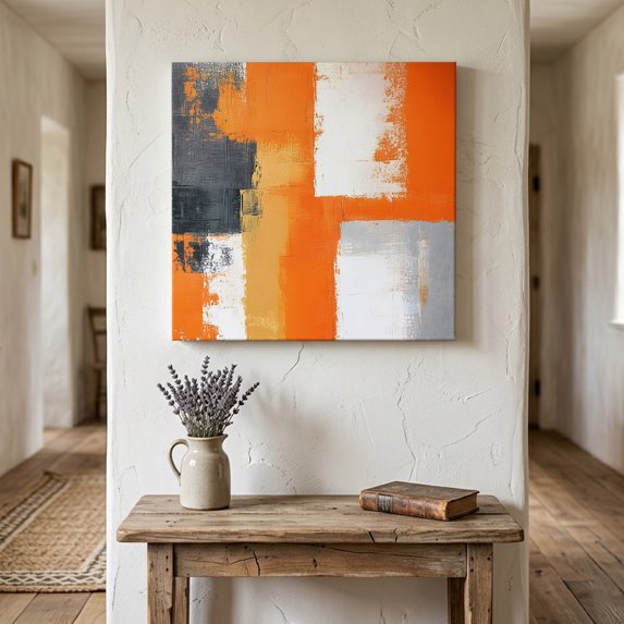 Ships Next Day Canvas Wall Art 16"x16", Burnt Orange Grey Wood Framed Canvas Print Painting, Modern Oil Painted Art Abstract Ready to Hang Picture Wall Decor for Home Bedroom Kitchen Office