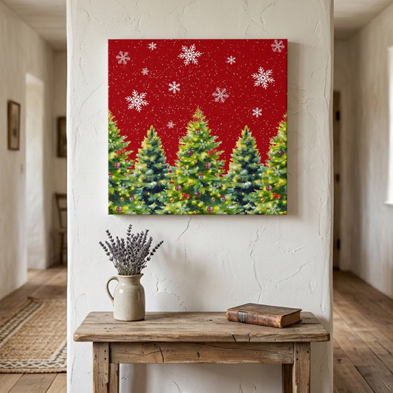 Ships Next Day Canvas Wall Art 16"x16", Christmas Tree Wood Framed Canvas Print Painting, Red Green Winter Snowflake Ready to Hang Picture Wall Decor for Home Bedroom Kitchen Office