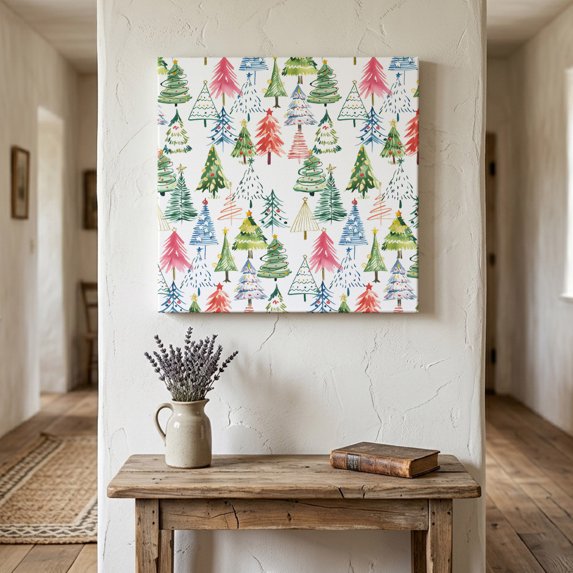 Ships Next Day Canvas Wall Art 16"x16", Christmas Wood Framed Canvas Print Painting, Cartoon Xmas Tree Winter Abstract Ready to Hang Picture Wall Decor for Home Bedroom Kitchen Office