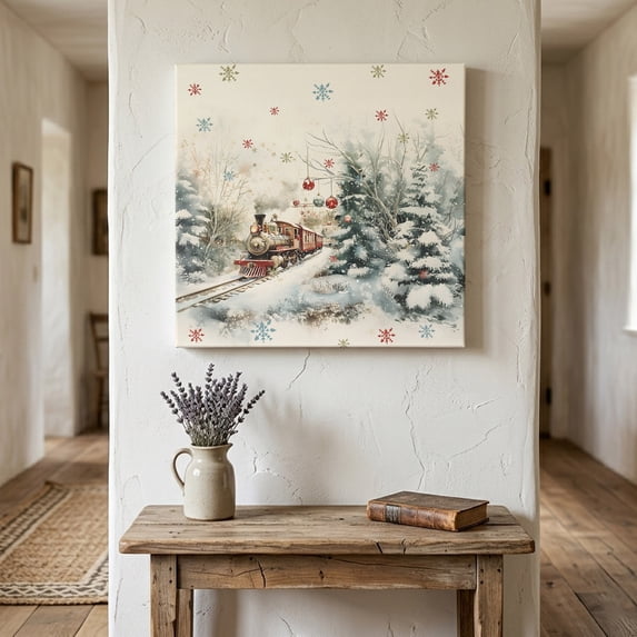 Ships Next Day Canvas Wall Art 16"x16", Christmas Wood Framed Canvas Print Painting, Train Xmas Tree Snowflake Balls Ready to Hang Picture Wall Decor for Home Bedroom Kitchen Office