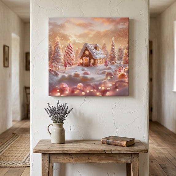 Ships Next Day Canvas Wall Art 16"x16", Christmas Wood Framed Canvas Print Painting, Xmas Tree Snowflake House Ready to Hang Picture Wall Decor for Home Bedroom Kitchen Office