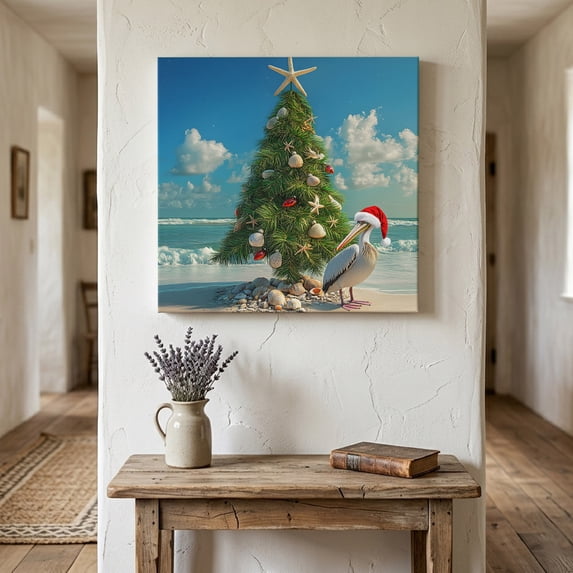 Ships Next Day Canvas Wall Art 16"x16", Coastal Christmas Wood Framed Canvas Print Painting, Xmas Tree Beach Nuatical Ready to Hang Picture Wall Decor for Home Bedroom Kitchen Office
