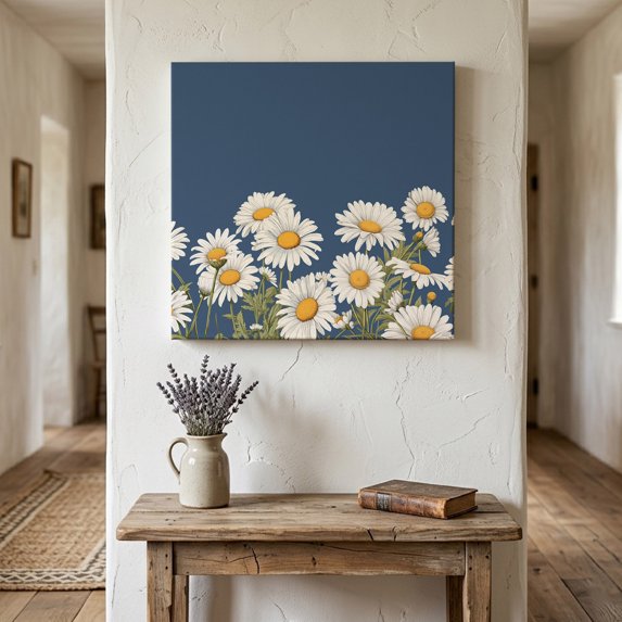 Ships Next Day Canvas Wall Art 16"x16", Daisy Wood Framed Canvas Print Painting, Spring Floral Summer Botanical Elegant Navy Blue Ready to Hang Picture Wall Decor for Home Bedroom Kitchen Office