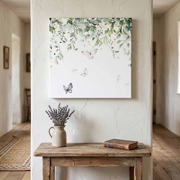 Ships Next Day Canvas Wall Art 16"x16", Eucalyptus Wood Framed Canvas Print Painting, Butterfly Sage Green Leaf Farmhouse Plant Ready to Hang Picture Wall Decor for Home Bedroom Kitchen Office