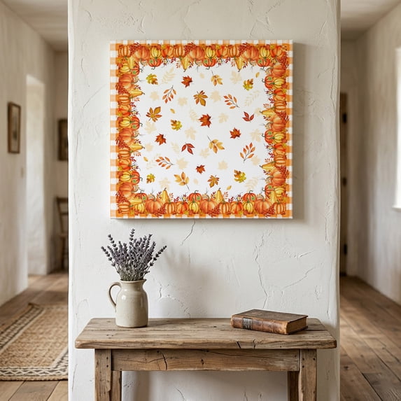 Ships Next Day Canvas Wall Art 16"x16", Fall Orange Pumpkin Wood Framed Canvas Print Painting, Thanksgiving Maple Leaf Plaid Check Ready to Hang Picture Wall Decor for Home Bedroom Kitchen Office