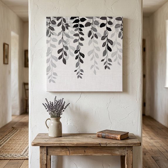 Ships Next Day Canvas Wall Art 16"x16", Grey Ombre Botanical Wood Framed Canvas Print Painting, Watercolor Gray Pastoral Leaf Rustic Ready to Hang Picture Wall Decor for Home Bedroom Kitchen Office