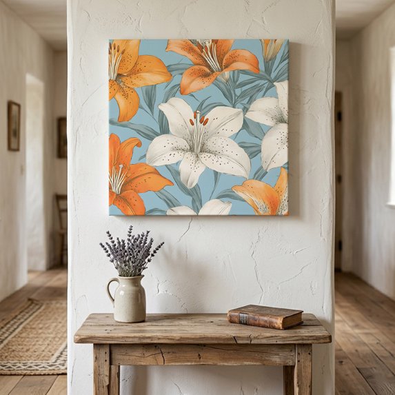 Ships Next Day Canvas Wall Art 16"x16", Lily Flower Wood Framed Canvas Print Painting, White Orange Blooms Floral Watercolor Blue Ready to Hang Picture Wall Decor for Home Bedroom Kitchen Office