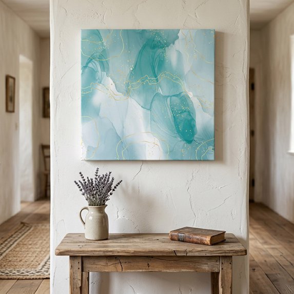 Ships Next Day Canvas Wall Art 16"x16",Marble Aqua Wood Framed Canvas Print Painting,Gradient Gold Aesthetics Abstract Minimalist Art Ready to Hang Picture Wall Decor for Home Bedroom Kitchen Office