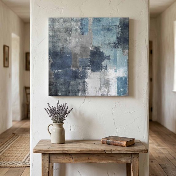 Ships Next Day Canvas Wall Art 16"x16", Navy Blue Grey Wood Framed Canvas Print Painting, Modern Oil Painted Abstract Art Aesthetics Ready to Hang Picture Wall Decor for Home Bedroom Kitchen Office