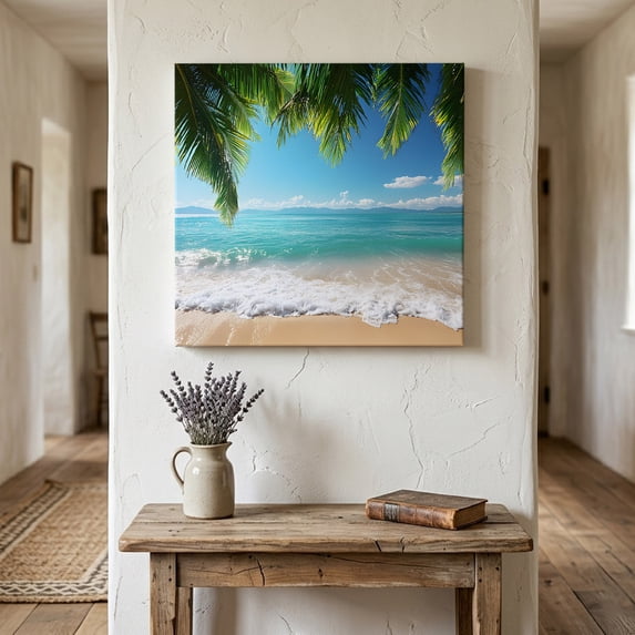 Ships Next Day Canvas Wall Art 16"x16", Ocean Beach Wood Framed Canvas Print Painting, Palm Trees Summer Tropical Island Seaside Ready to Hang Picture Wall Decor for Home Bedroom Kitchen Office