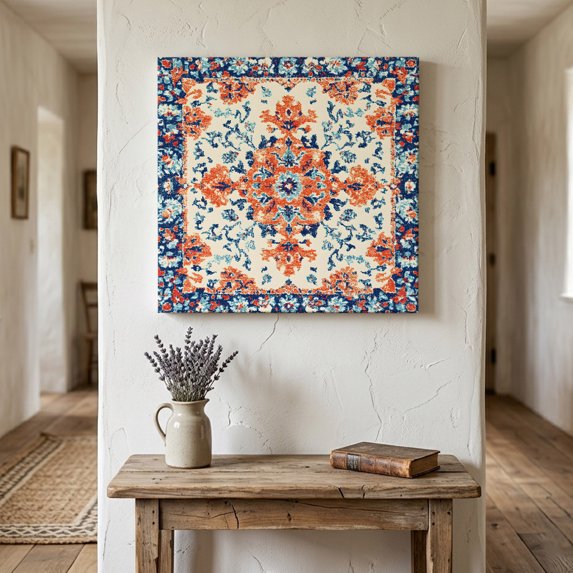 Ships Next Day Canvas Wall Art 16"x16", Orange Blue Ethnic Wood Framed Canvas Print Painting, Boho Vintage Geometric Art Ready to Hang Picture Wall Decor for Home Bedroom Kitchen Office