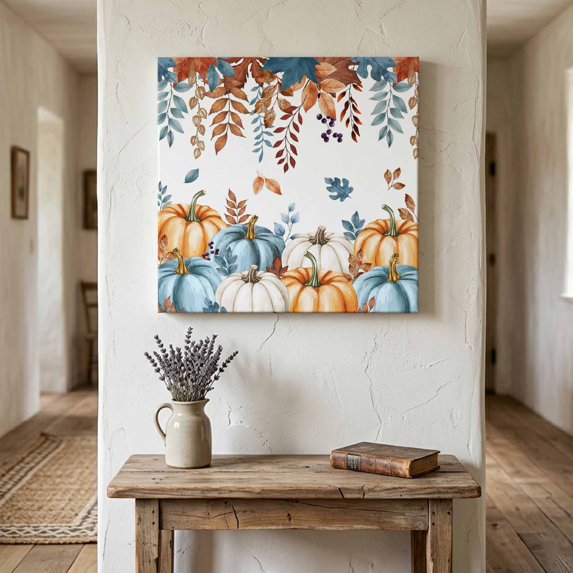 Ships Next Day Canvas Wall Art 16"x16", Orange Blue Fall Wood Framed Canvas Print Painting, Thanksgiving Botanical Pumpkins Ready to Hang Picture Wall Decor for Home Bedroom Kitchen Office